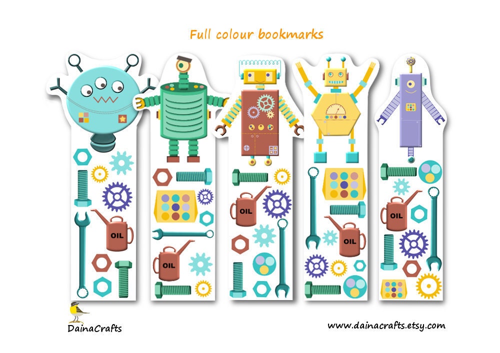 Printable Robot Bookmarks Paper Robot Bookmark Instant | Etsy