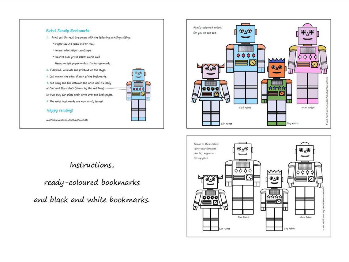 Printable Coloring Robot Bookmarks Robot Family Instant Download Kids ...