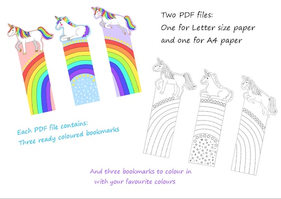printable unicorn rainbow bookmarks cute printable bookmarks etsy