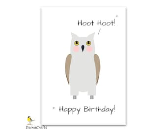 May include: A white owl with yellow eyes and pink cheeks says "Hoot Hoot!" and "Happy Birthday!" in black text.