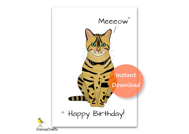 Printable Birthday Cat Card Instant Digital Download Cute Etsy