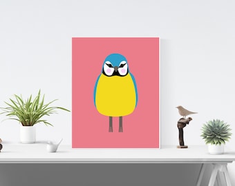Bluetit Bird Art Print: Pink Background, Bird Lover Decor (Digital Download)
