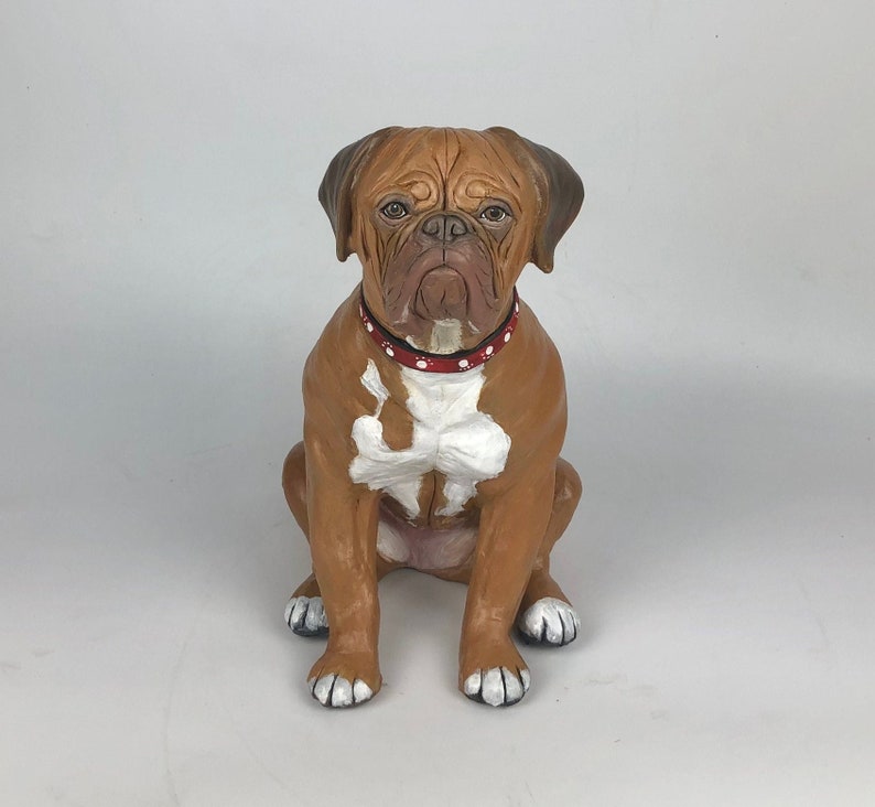 French Mastiff Sculpture. Custom French Mastiff Statue from your photos. 
Commission your own memorial sculpture or pet urn. 6/7 inch-19/20 inch sizes available.