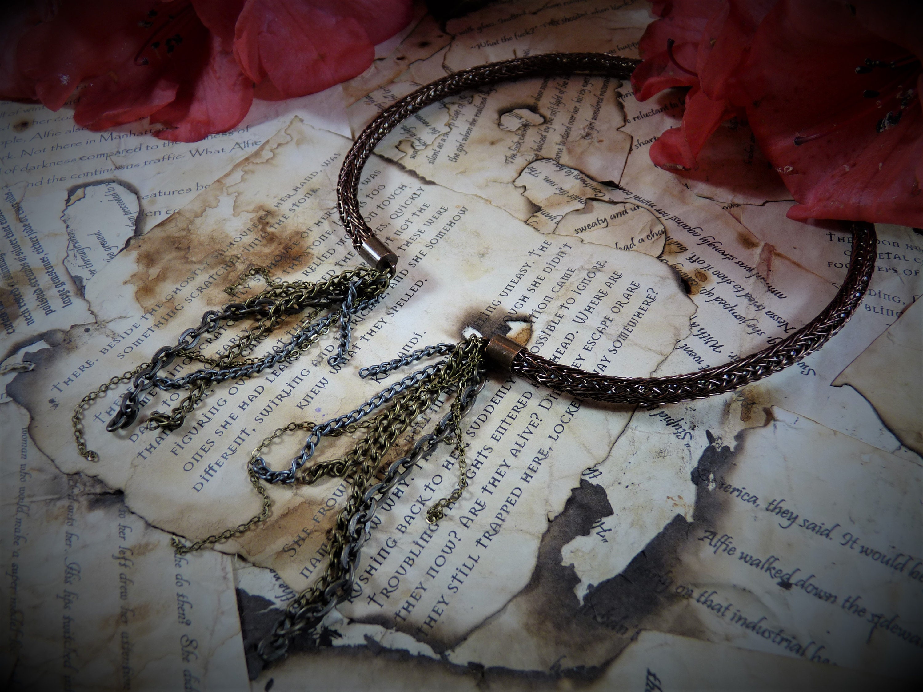 Stunning Steampunk Woven Wire Torc Neck Ring With Chain Tassels Bronze