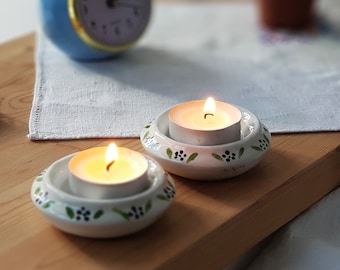 Shabbat candlesticks, bat mitzvah gift, travel candle holders, Jewish gift, white ceramic with flowers.