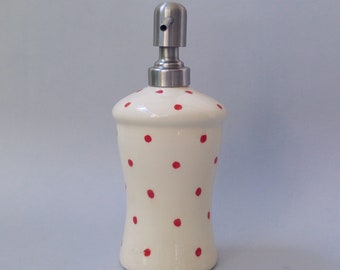 Zeepdispenser, witte polkadot keramische zeeppomp, lotiondispenser, badkamerinrichting, keukeninrichting retrostijl, rode stip, accessoires