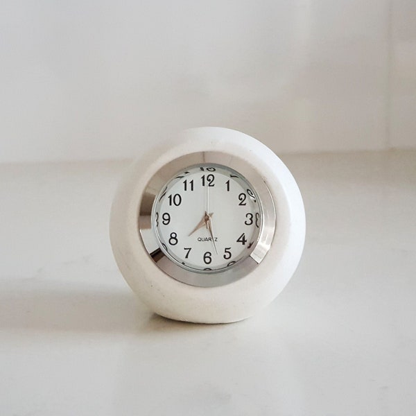 Concrete desk clock, small white table clock, industrial white concrete, ball shaped, fusion of modern and retro