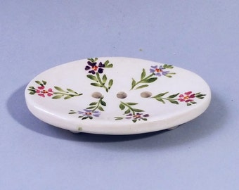 Ceramic Soap dish with drain, Oval white draining soap dish, pink purple flowers.