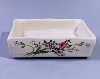 White Ceramic Sponge dish, Soap dish, Sponge rest, Soap holder, Soap tray, retro vintage style handmade, pink purple flowers, Sponge holder