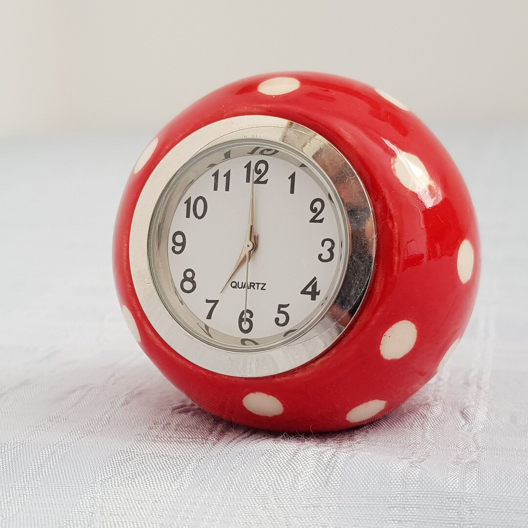 Table Clock, Polka Dot Small Desk Clock, Red Ceramic Desktop Ball