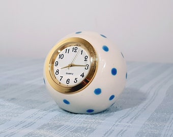 Small desk clock, White & blue table clock, polka dot, ceramic ball, desktop accessory, gift under 50