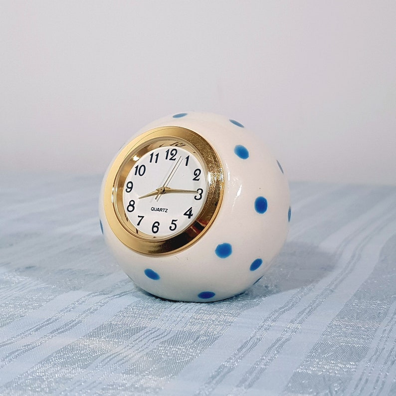 Small Desk Clock White & Blue Table Clock Polka Dot Ceramic Etsy