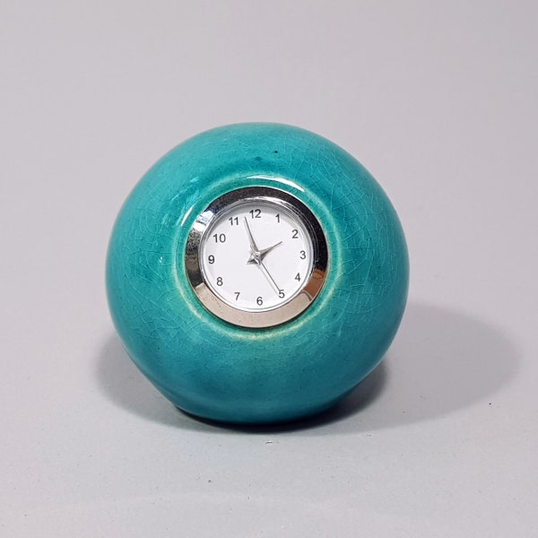 Turquoise desk clock, small Table clock, desk accessories, ceramic ball clock, handmade in retro style