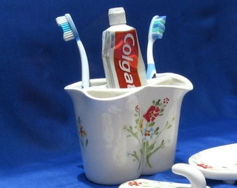 Toothbrush holder, Ceramic toothbrush holder, Ceramic toothpaste holder, bathroom accessories, white ceramic bathroom set, red yellow blue