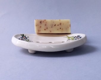 Ceramic Soap dish, Oval draining soap dish, Pottery white oval soap tray in retro style, painted with blue flowers.
