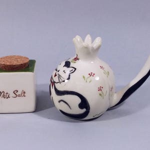 Op de afbeelding: Een witte keramische zoutstrooier met een groen deksel en de tekst "Neti Salt" aan de voorkant. De zoutstrooier staat naast een witte keramische theepot met een zwart kattenontwerp en rode en groene bloemmotieven.