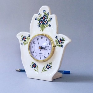 Hamsa clock, Table clock, Desk clock, White Ceramic clock, Shelf clock, Retro style Clock, Vintage style Clock, Blue flowers Hamsa, handmade