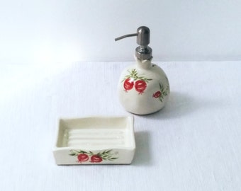 Handmade Ceramic Soap Dispenser and Sponge Holder Set: Pomegranate Design