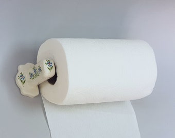 Wall mount ceramic paper towel holder,  Floral light blue ceramic kitchen roll holder stand in retro vintage style.