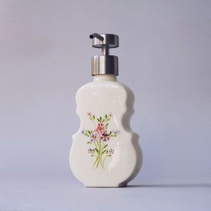 Hand soap dispenser, Dish soap dispenser, Ceramic soap dispenser, violin shape white floral soap pump in retro vintage style, pink purple.