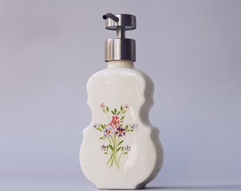 Hand soap dispenser, Dish soap dispenser, Ceramic soap dispenser, violin shape white floral soap pump in retro vintage style, pink purple.