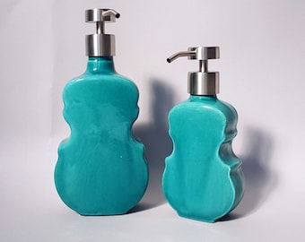 Turquoise soap dispenser, hand soap dispenser, violin shape soap pump, Ceramic dish soap dispenser in retro vintage style.