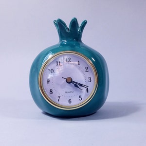 Turquoise pomegranate, Ceramic Table clock, Desk shelf clock, Retro Vintage style, Handmade