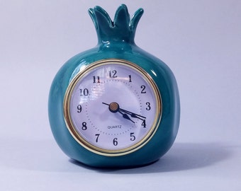 Dark turquoise pomegranate clock, Table clock, Desk clock, Ceramic clock, Retro Vintage style Clock, Shelf clock, Handmade pomegranate shape