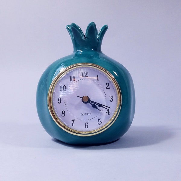 Dark turquoise pomegranate clock, Table clock, Desk clock, Ceramic clock, Retro Vintage style Clock, Shelf clock, Handmade pomegranate shape