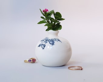 Ceramic bud vase, a very small flower vase, white and blue gray vase, delicate miniature decor.