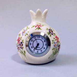 Desk clock, Small pomegranate clock, Table clock, White Ceramic clock, Shelf clock, Vintage Retro style Clock, floral Pink purple decoration