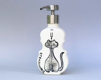 Ceramic soap dispenser, hand soap dispenser with whimsical cat, violin shape white soap pump, gift for cat lovers. Stradivarius.