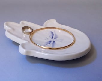 Ceramic ring dish, Palm or Hamsa shape, Decorated with a purple dragonfly, White ceramic ring tray, White Jewelry tray,  White jewelry dish