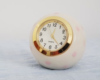 White pink table clock, polka dot ceramic ball desk clock , in vintage retro style