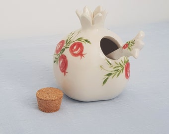 Ceramic Pomegranate Honey Pot with Dipper: Rosh Hashanah Gift