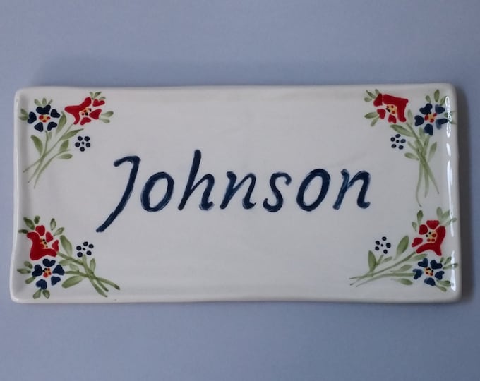 Last name sign, Ceramic front door sign, custom door sign, handmade, white ceramic, address sign, hand painted door sign, flower decorated