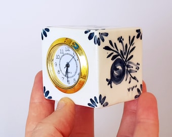 Cube clock, small desk clock in white and blue, ceramic table clock in retro style, Father's day gift under 50 idea