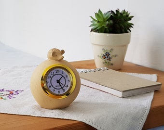 Small Desk clock, Ball clock, hedgehog miniature, ocher ceramic desk clock, small table clock, Gift under 50.