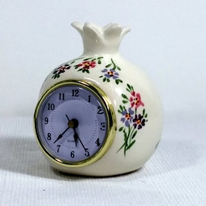 Desk clock, Pomegranate clock, Table clock, White Ceramic clock, Shelf clock, Retro Clock, Vintage style Clock, Flowers decorated Ceramic