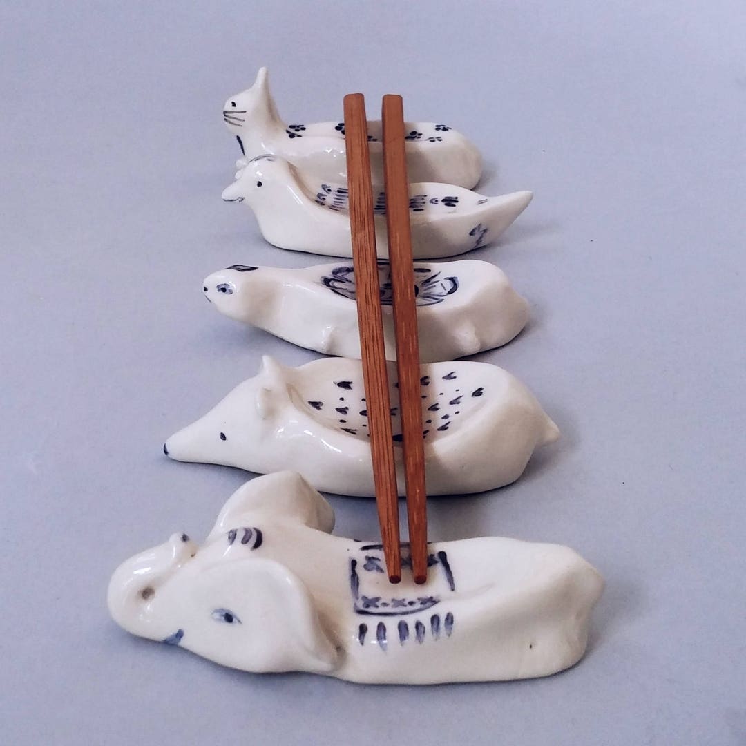 Handmade Ceramic Animal Chopstick Rest Set: Italian White Clay