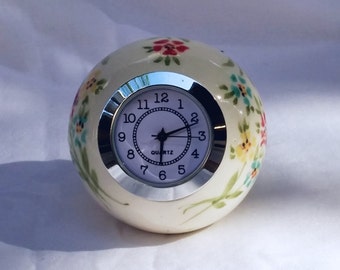 Small Desk clock, ball shaped, Red flowers, Table clock, White Ceramic clock, Shelf clock, handmade, Vintage Retro style Clock, Ball clock,