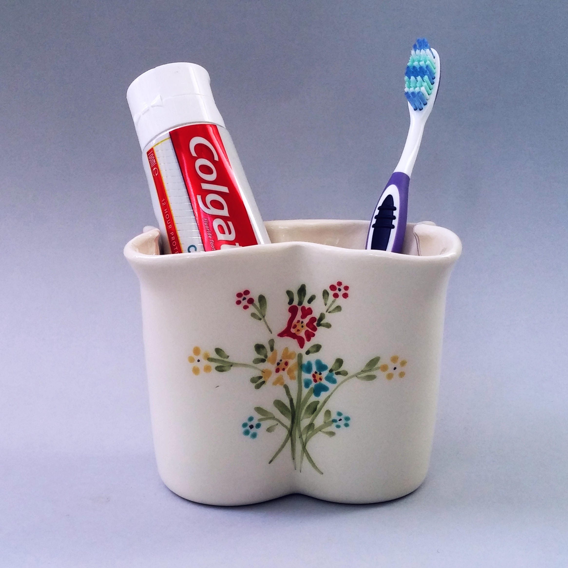 Round Ceramic Toothbrush Holder & Toothpaste Holder / Bathroom Organiser  Mini