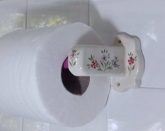Towel paper holder, Ceramic paper towel holder Wall mounted, Retro Vintage style, Kitchen decor, pink purple flowers Toilet paper holder