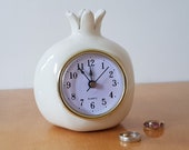 White ceramic pomegranate clock, Table clock, Desk clock, Retro Vintage style, personalized