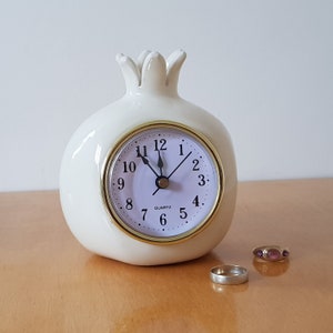White ceramic pomegranate clock, Table clock, Desk clock, Retro Vintage style, personalized