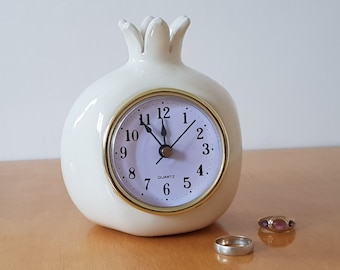White ceramic pomegranate clock, Table clock, Desk clock, Retro Vintage style, personalized
