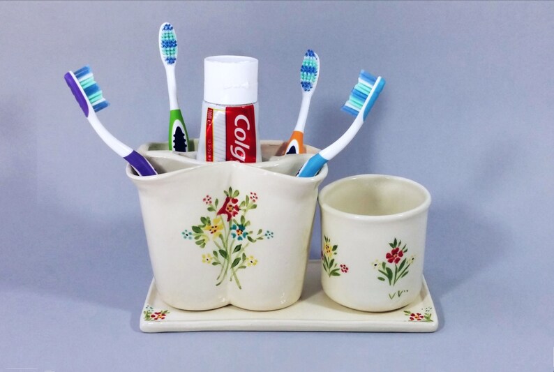 White ceramic toothbrush holder a cup and a rectangular Etsy