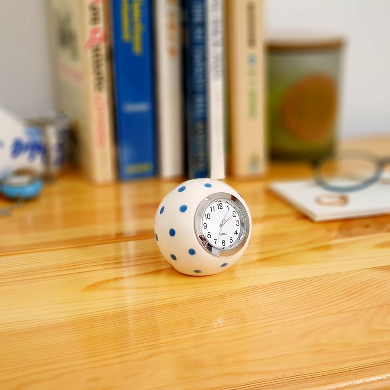 Small Desk Clock White & Blue Table Clock Polka Dot Ceramic Etsy