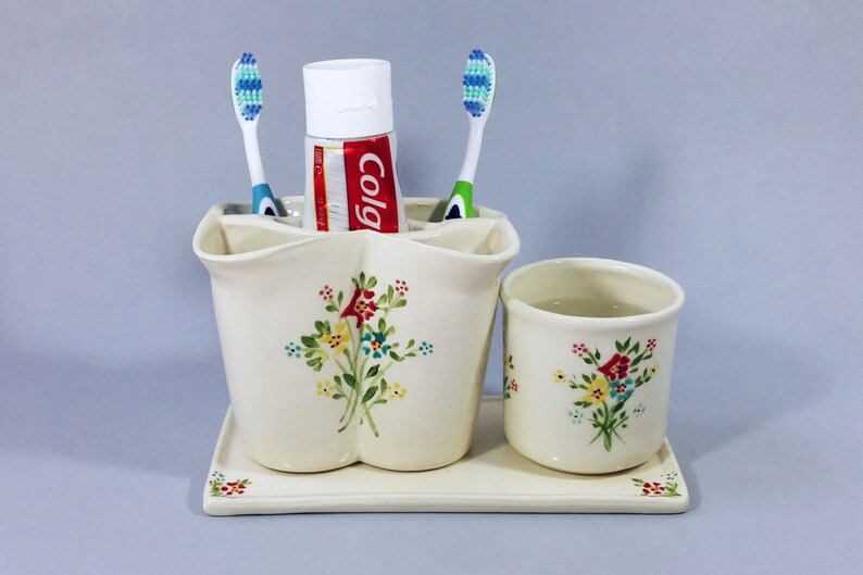 White ceramic toothbrush holder a cup and a rectangular Etsy