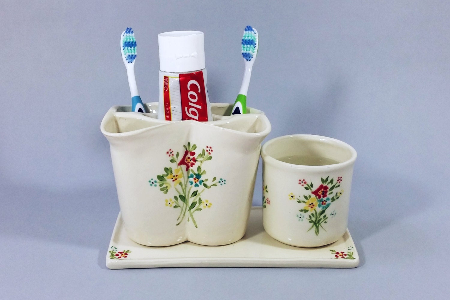 White ceramic toothbrush holder a cup and a rectangular Etsy